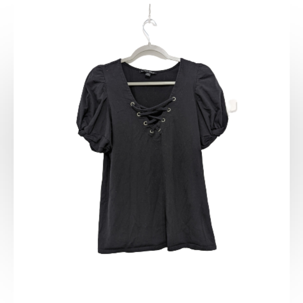 Boston Proper Puff Sleeve Lace Up Black V-Neck Blouse Shirt Size Medium